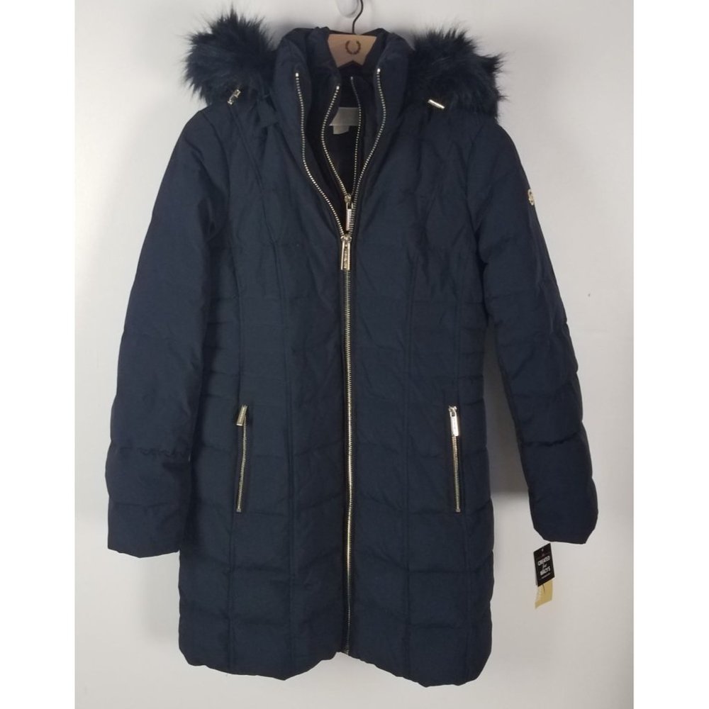 Michael Michael Kors Women's Sz. XS Fur Hooded Down Double Zip Navy Coat NWT - Picture 1 of 7